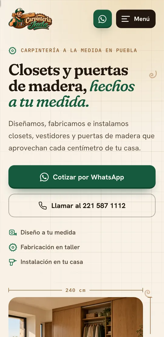 La página de Carpintería Jade vista en un celular